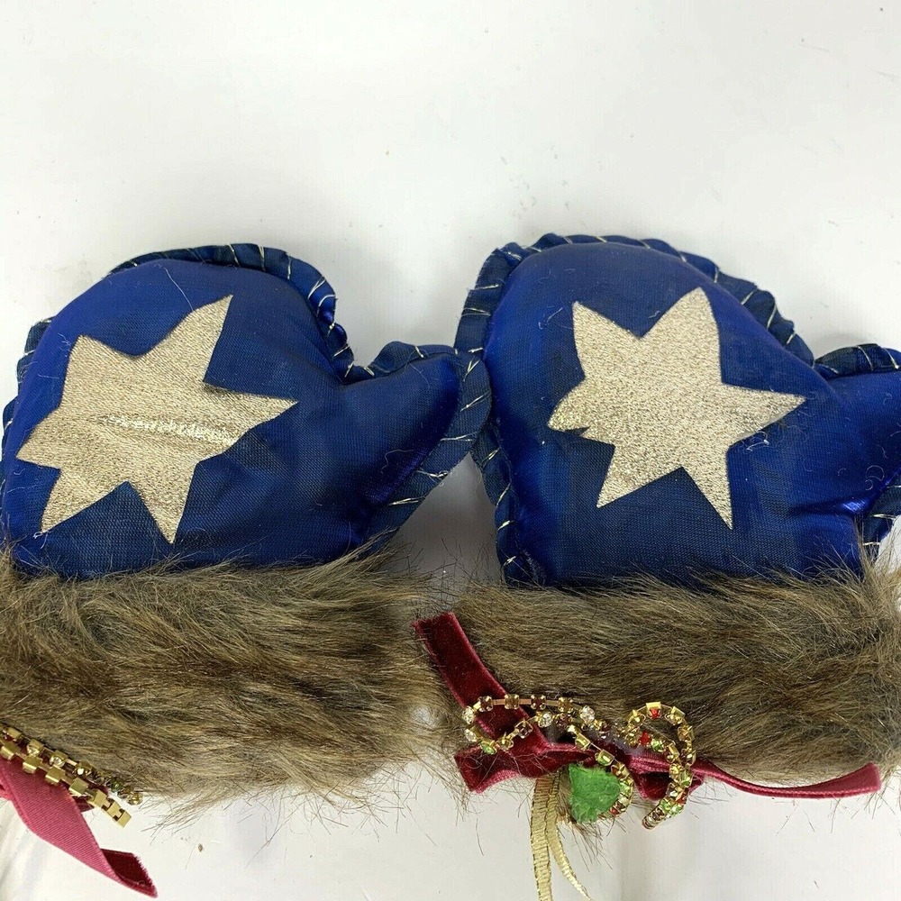 Christmas Tree Ornaments Blue Fur Cuffed Mittens Holiday Lot Of 4 Decorations